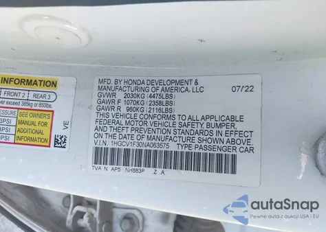 2022 Honda Accord Sport from USA, damaged, VIN 1HGCV1F30NA063575